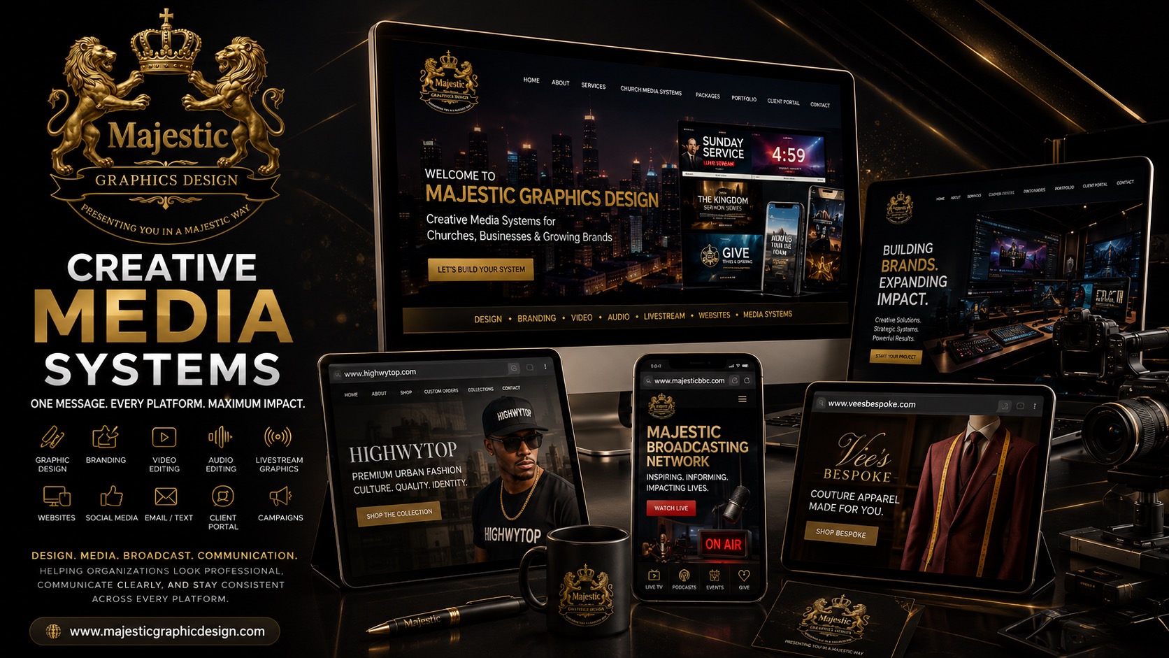 Majestic Graphic Design creative media systems across web, social, broadcast, and digital platforms.
